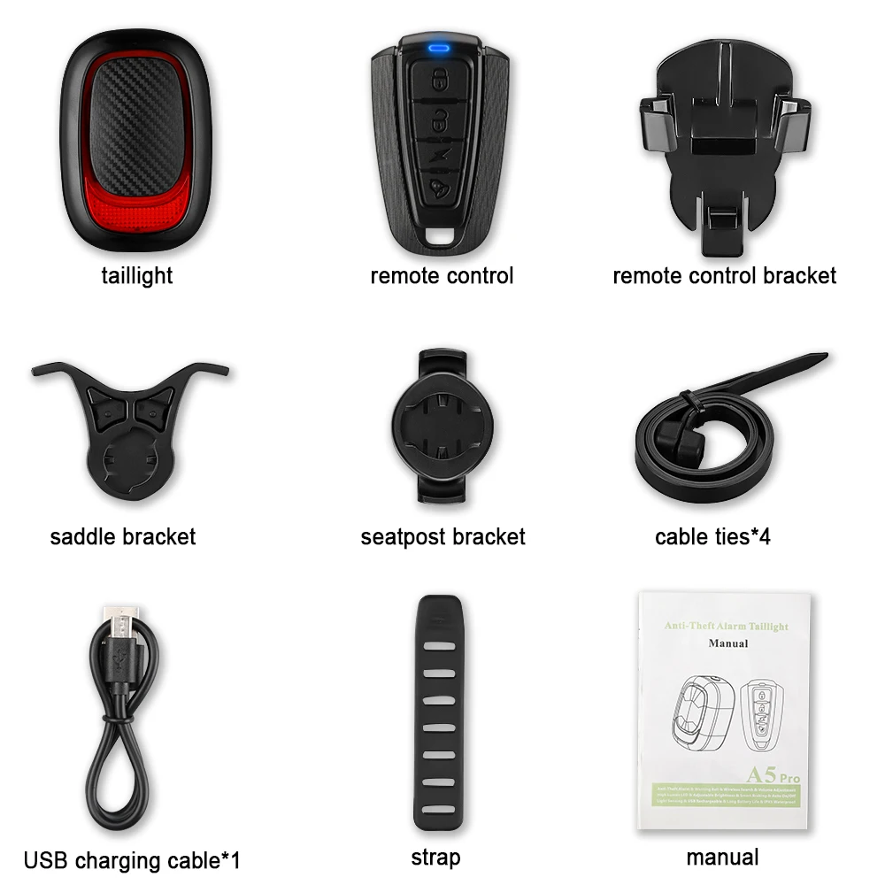 Bicycle Alarm Taillight Anti Theft Bike Light Smart Auto Brake Sensing Remote Control USB Charging Waterproof Lamp