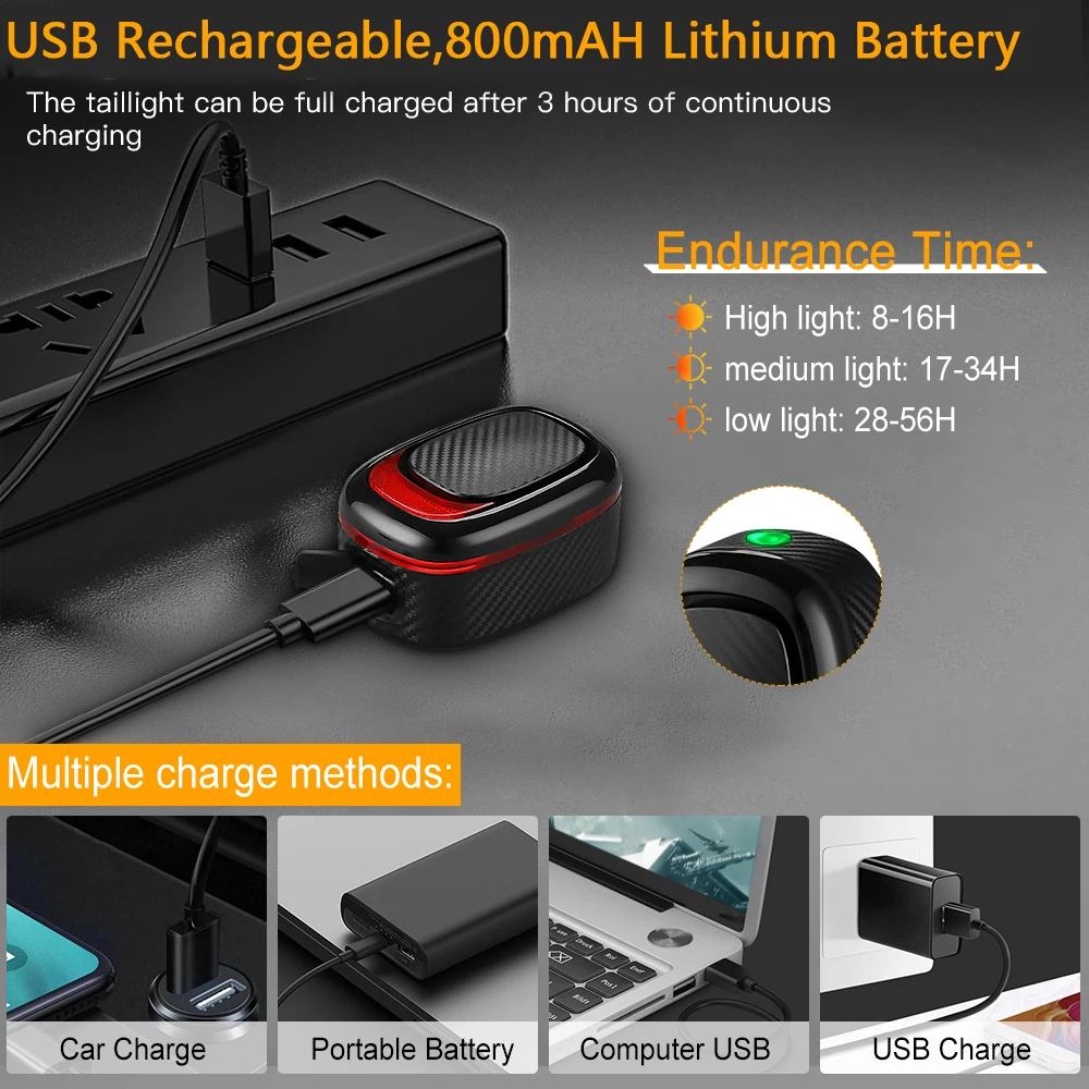 Bicycle Alarm Taillight Anti Theft Bike Light Smart Auto Brake Sensing Remote Control USB Charging Waterproof Lamp