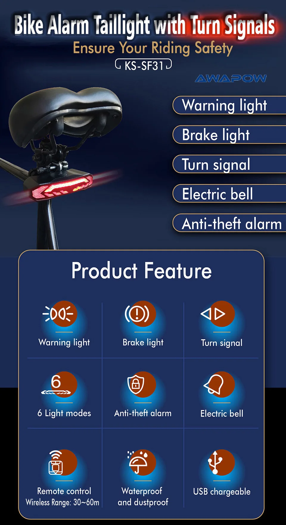 Awapow Bicycle Alarm Anti Theft Bike Taillight Alarm LED Waterproof Tail Light With Mounting Bracket 5In1 Intelligent Bike Lamp