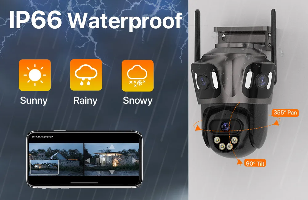 Three Screen WIFI IP Camera Outdoor 4K Dual Lens PTZ Camera AI Human Detection IP66 Waterproof CCTV Video Security Camera ICsee