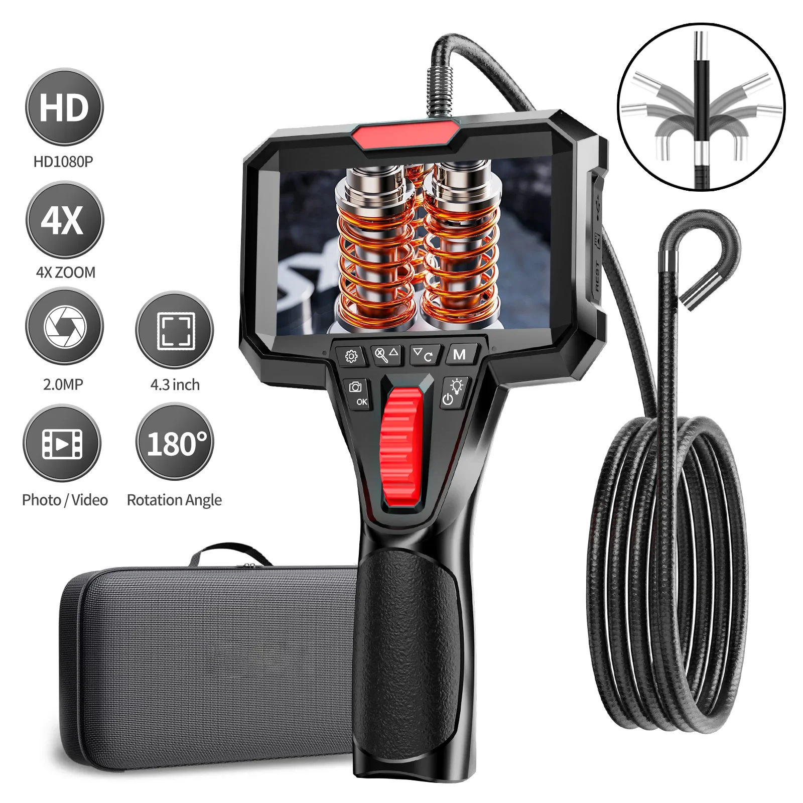Articulating Borescope with 4.3'' Monitor 1080P 3.9MM HD Steerable Endoscope Camera with Articulated Probe For Engine Inspect