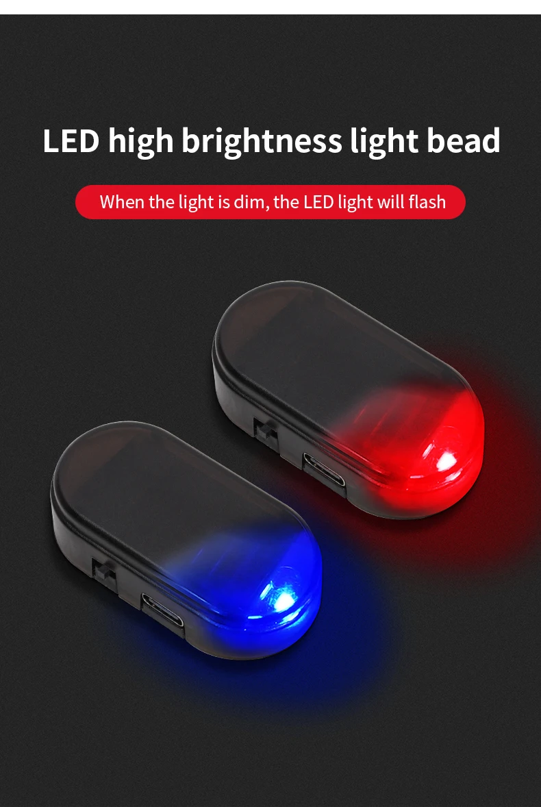 2PCS Solar Powered Car Fake Security Light Blue/Red Simulated Wireless Warning Lights Anti-Theft Alarm Flashing Signal Lamp