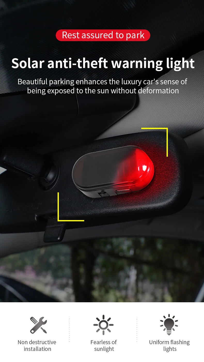 2PCS Solar Powered Car Fake Security Light Blue/Red Simulated Wireless Warning Lights Anti-Theft Alarm Flashing Signal Lamp