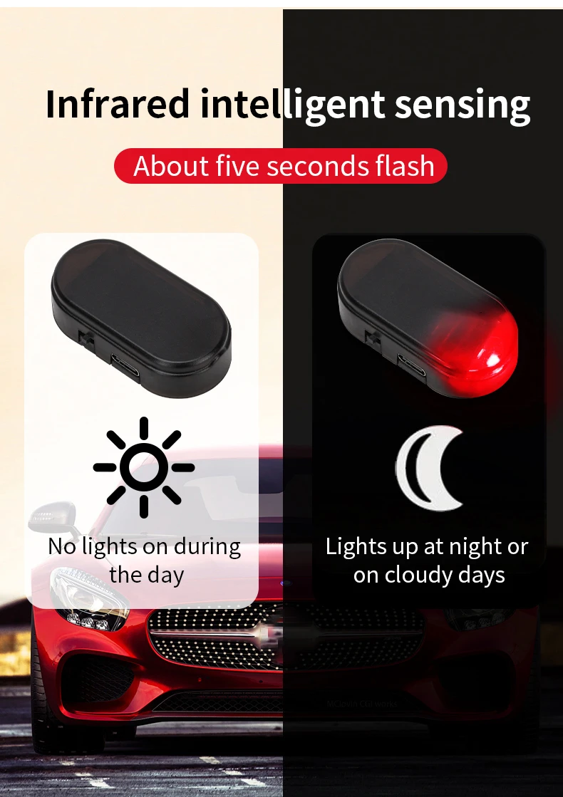 2PCS Solar Powered Car Fake Security Light Blue/Red Simulated Wireless Warning Lights Anti-Theft Alarm Flashing Signal Lamp