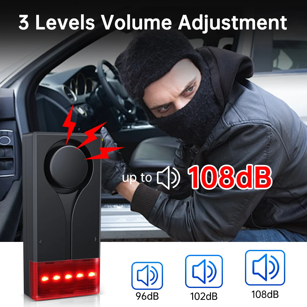 Wireless Car Vibration Alarm With Light 108dB Loud Car Door And Window Anti Theft Alarm Bike Motorcycle Security Alarm