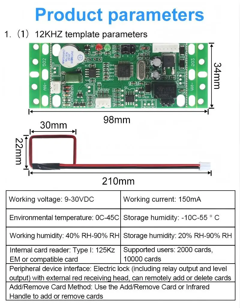 125Khz/13.56Mhz Proximity Rfid Reader Access Control PCB Board intercom module Embedded Access Control module 15000 user