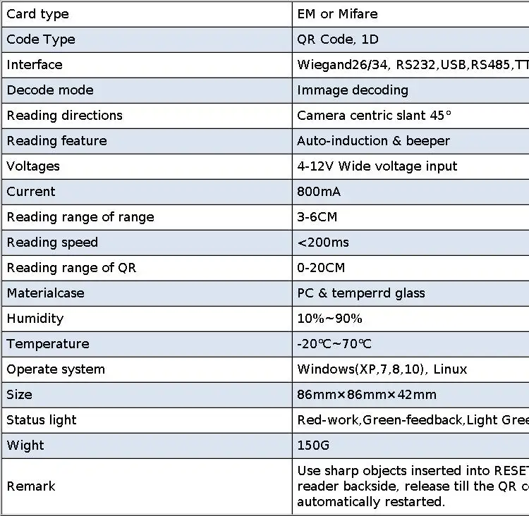 QR Code RFID Reader 125khz EM 13.56mhz MF Access Card Reader Scanner USB/Wiegand/RS232/485 2D QRCode BarCode Scanner
