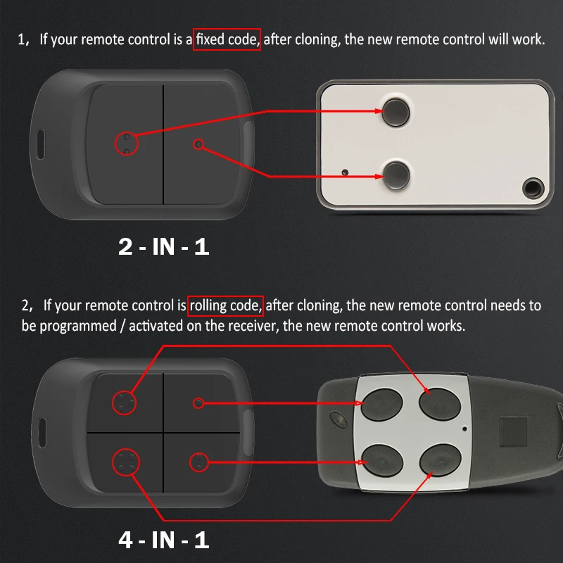YNG800 MultiFrequency Garage Gate Remote Control 280MHz to 868MHz Rolling Code and Fixed Code 433MHz Hand Transmitter With Clip