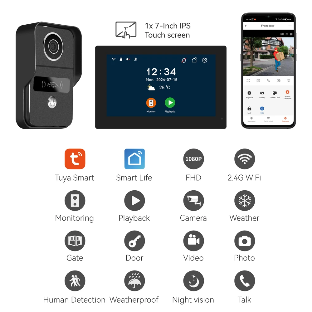 HD 1080P 2 Wire 7/10inch Touch Monitor WiFi Intercom Door Bell Video Intercom System For Home Doorphone Tuya Smart Life APP
