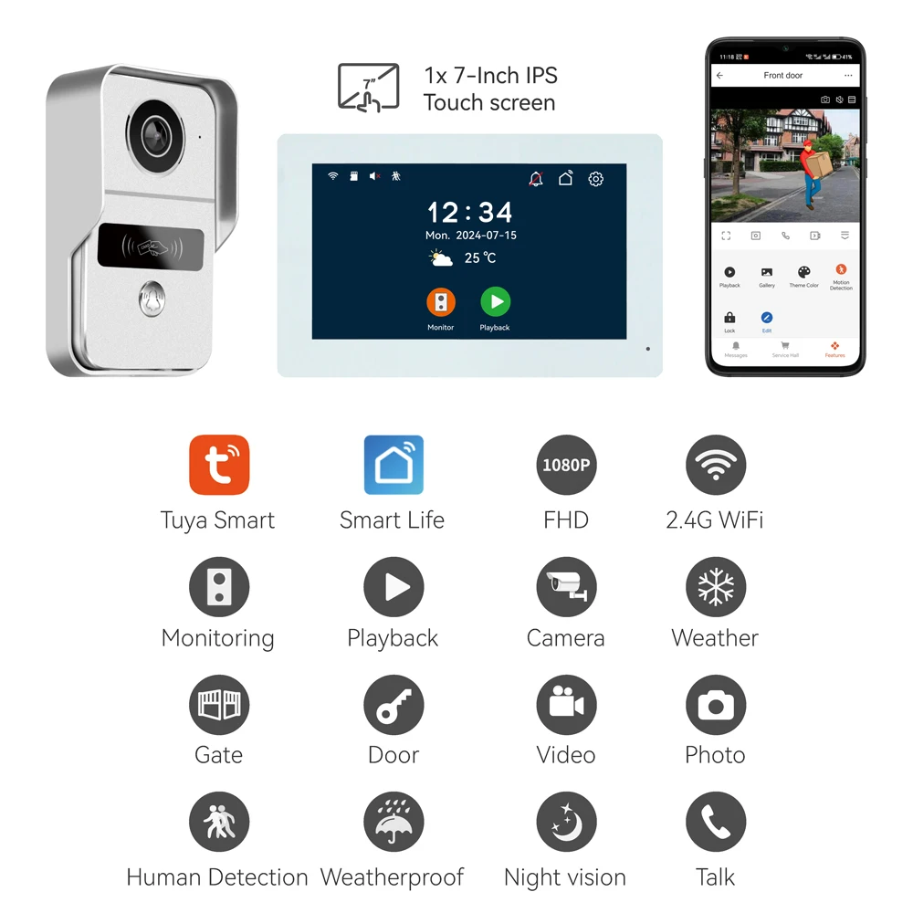 HD 1080P 2 Wire 7/10inch Touch Monitor WiFi Intercom Door Bell Video Intercom System For Home Doorphone Tuya Smart Life APP