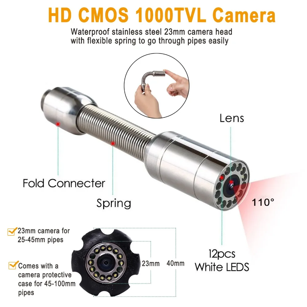 DVR/WiFi 20/30/50/100M Pipe Inspection Camera SYANSPAN 7"/9" Monitor HD 1000TVL Waterproof IP68 Drain Sewer Industrial Endoscope