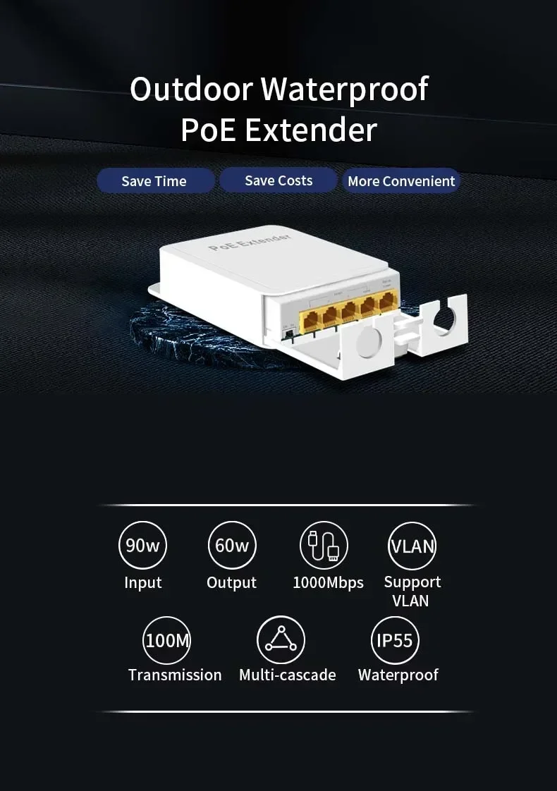 5-Port POE Extender 4-Port Repeater Outdoor Waterproof 100/1000Mbps Network Switch IP55 VLAN 44-57V for IP Camera Wireless AP