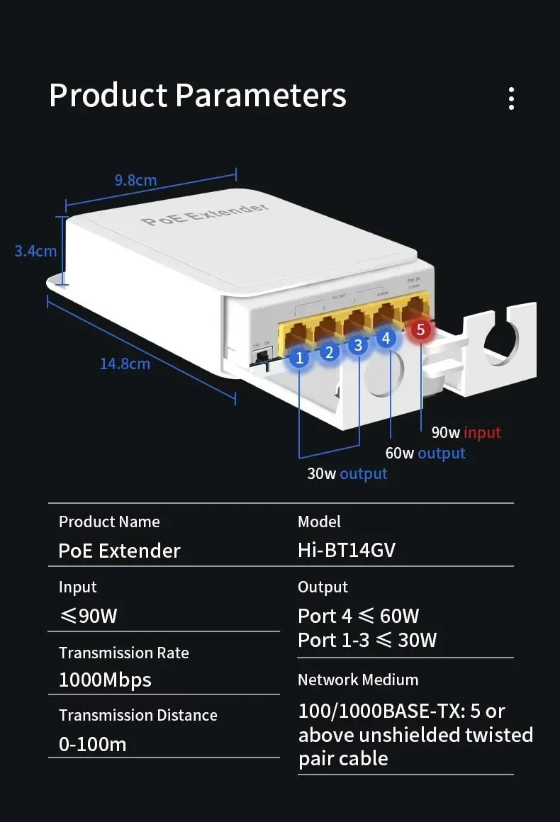 5-Port POE Extender 4-Port Repeater Outdoor Waterproof 100/1000Mbps Network Switch IP55 VLAN 44-57V for IP Camera Wireless AP