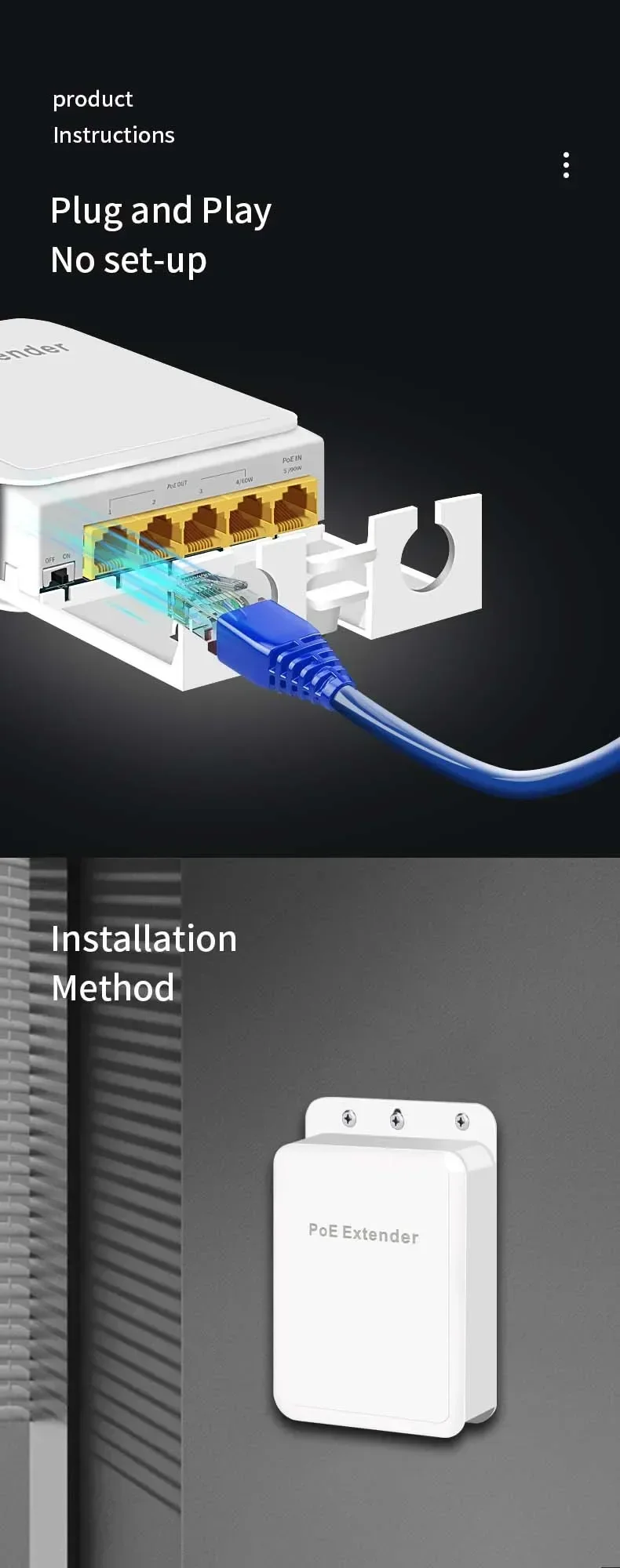 5-Port POE Extender 4-Port Repeater Outdoor Waterproof 100/1000Mbps Network Switch IP55 VLAN 44-57V for IP Camera Wireless AP