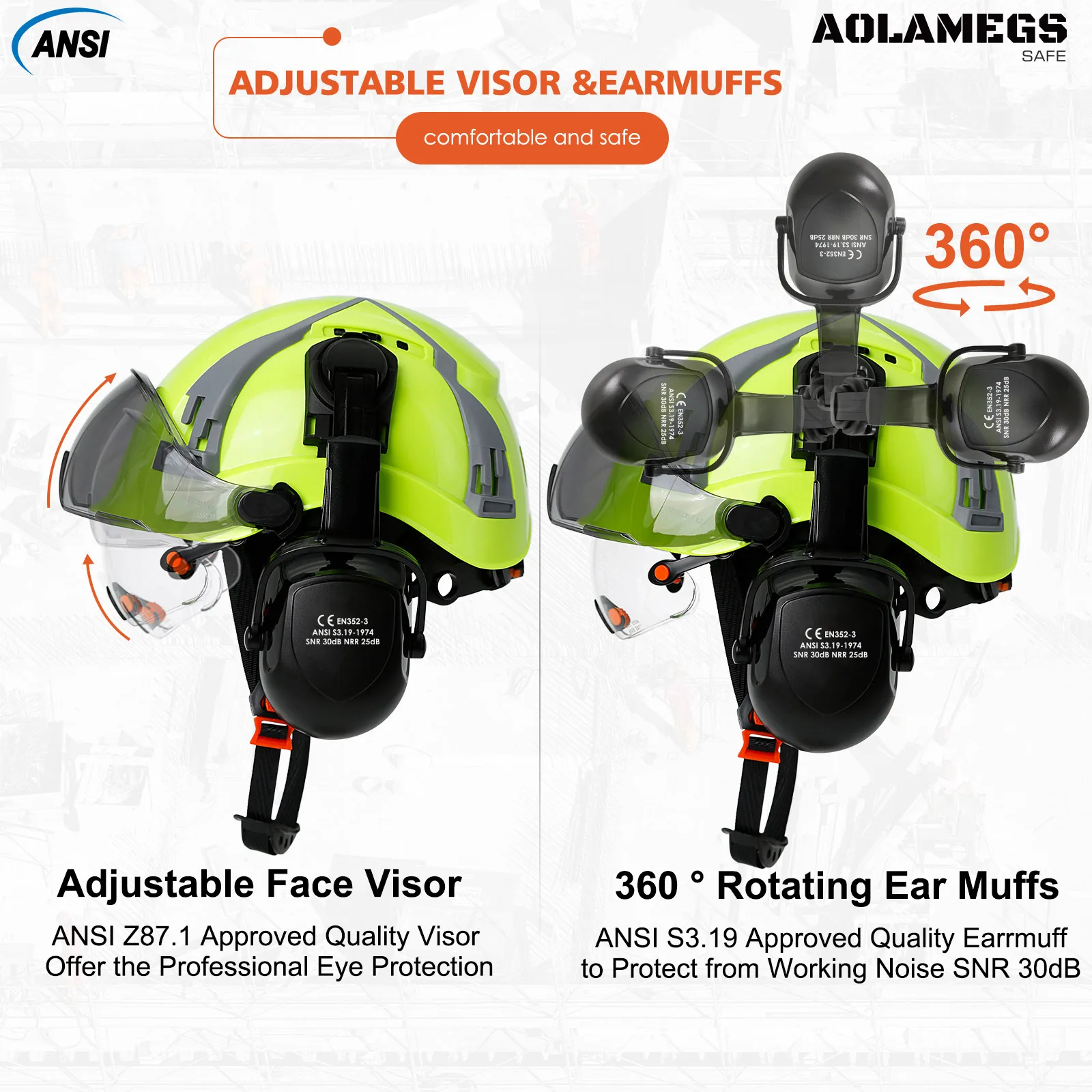 CE Safety Cap w/ Adjustable Vent Slot Visor Built In Goggles Earmuffs ABS Safety Helmet ANSI Construction Engineer Work Hat New