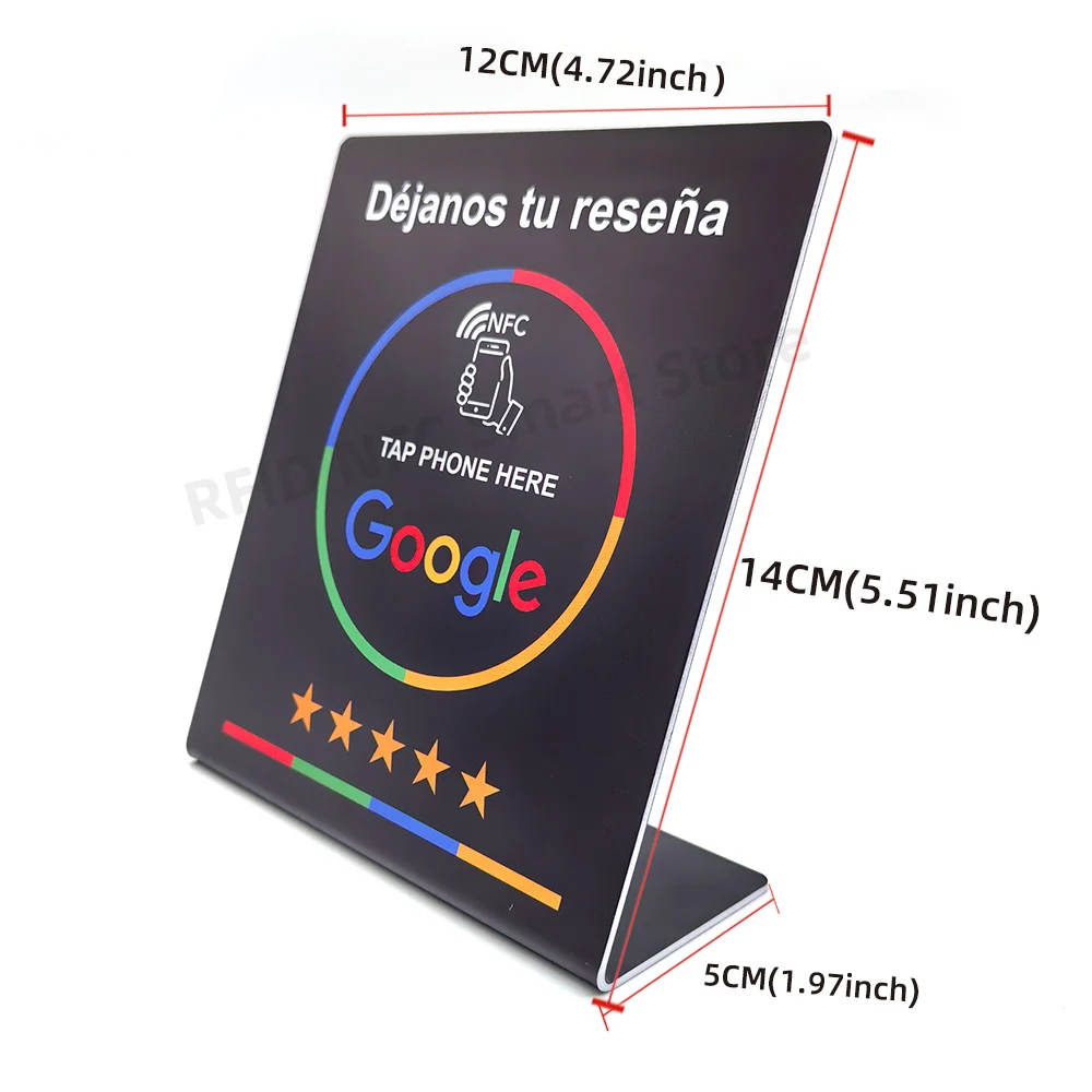 Déjanos tu reseña NFC Google Review NFC Stand Display Table Display URL Writing Social Media Business Review Card