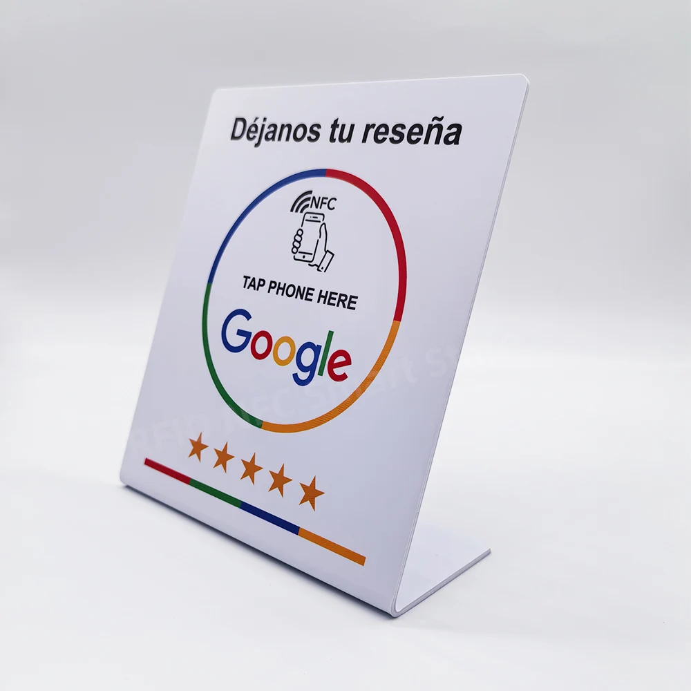 Déjanos tu reseña NFC Google Review NFC Stand Display Table Display URL Writing Social Media Business Review Card