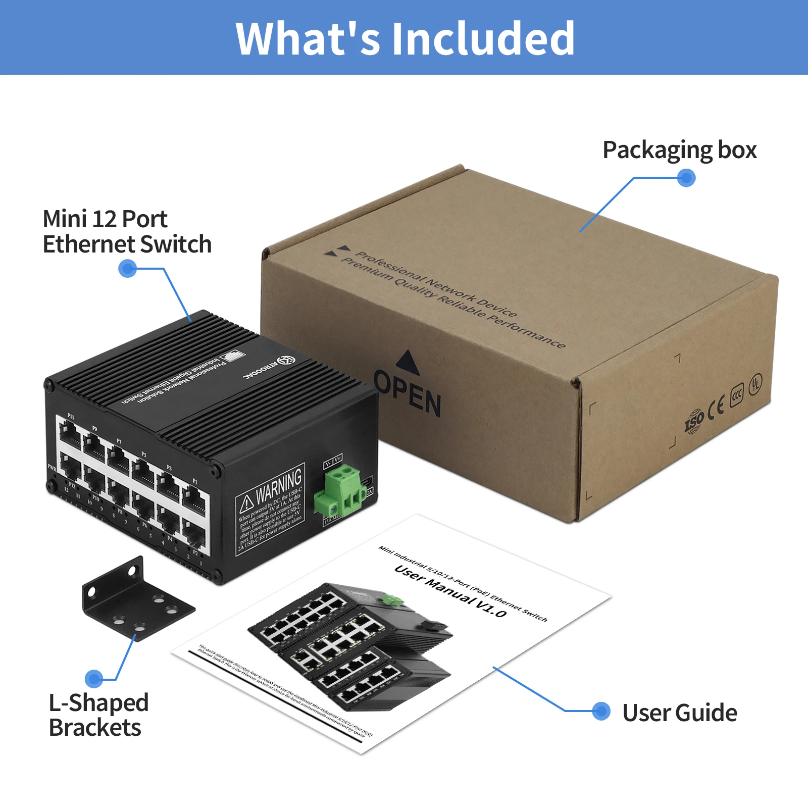 Industrial 12 Ports Ethernet Switch,Din Rail Mount Gigabit PoE Network Switch,Unmanaged 1000M RJ45 Switch,IEEE 802.3af/at/bt