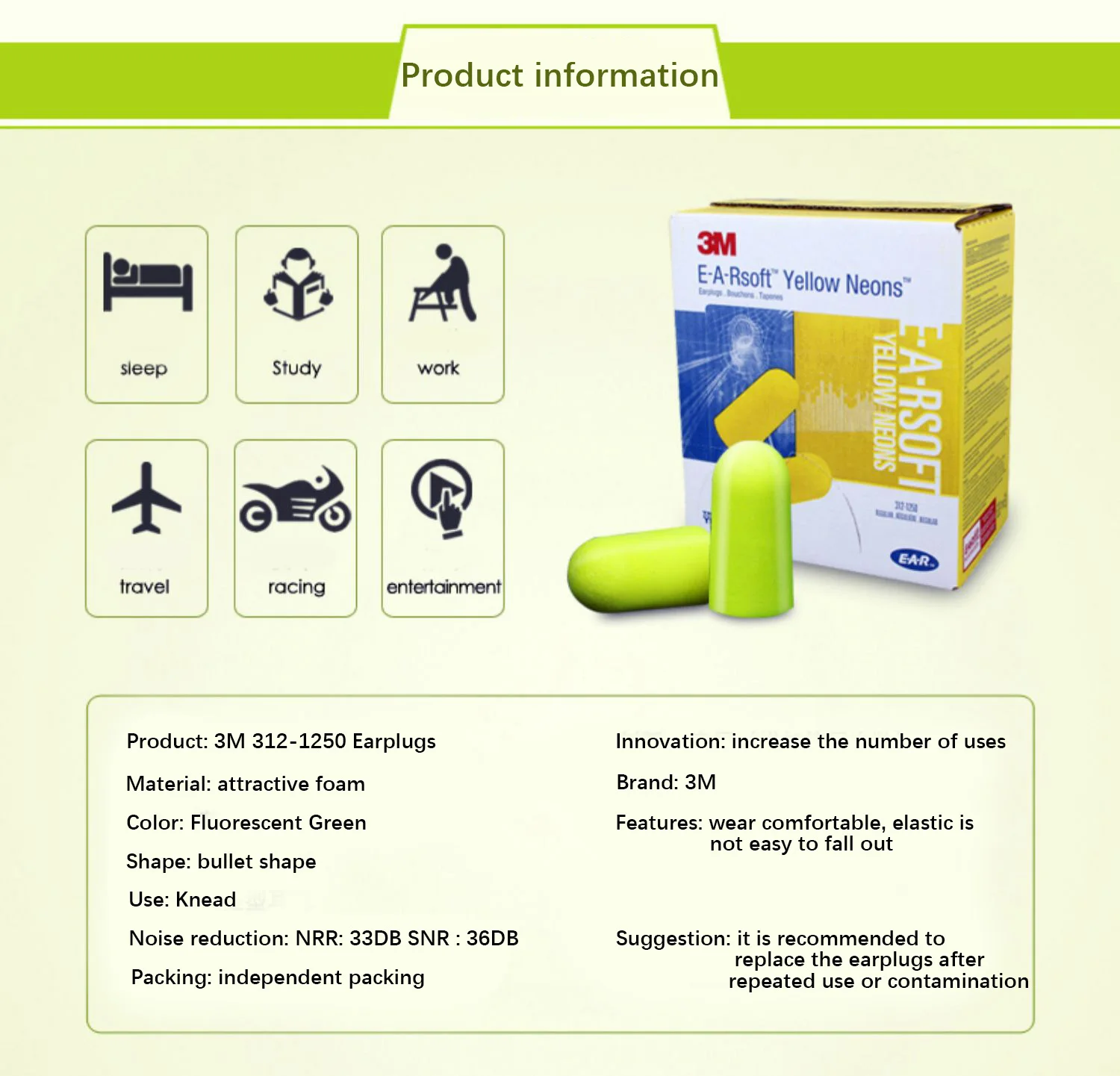 3M noise-canceling earplugs 312-1250 sound-isolating earplugs Sleeping Learning Factory noise-proof earplugs Hearing Protection.