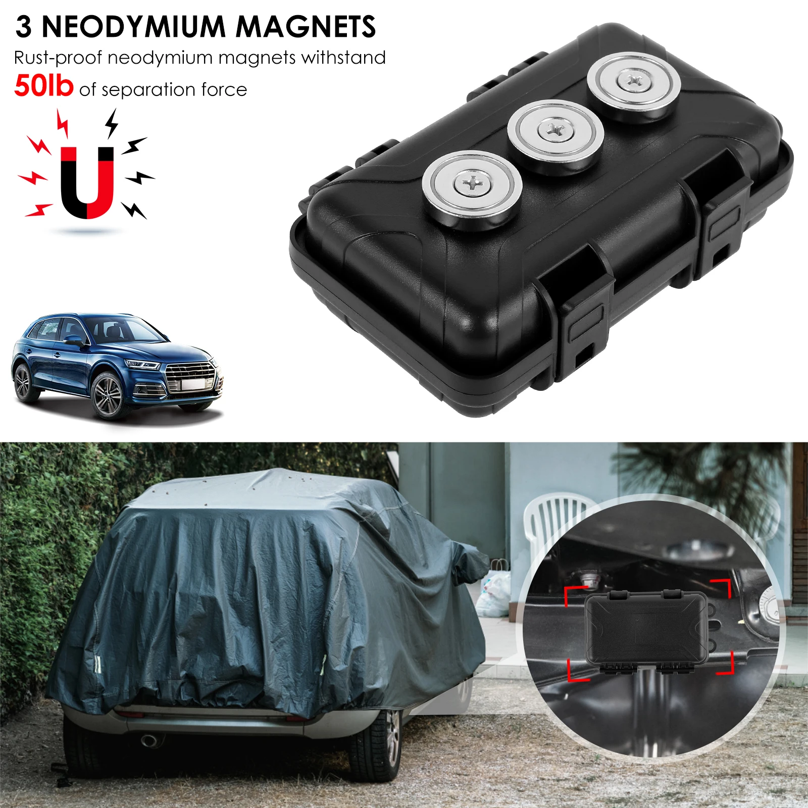 Magnetic Hide-A-Key Holder Waterproof Under Car Hide Key Box with Strong Magnets or Spare Keys & GPS Locator Storage Hide-A-Key