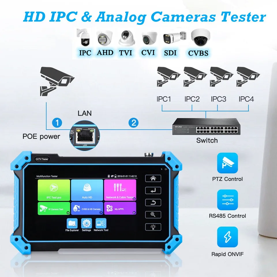 5.4" CCTV Tester Monitor Analog Camera Tester 8K IP Camera Tester IPC-5200C Plus PTZ VGA HDMI Input Cable Tracer PoE CCTV Tester