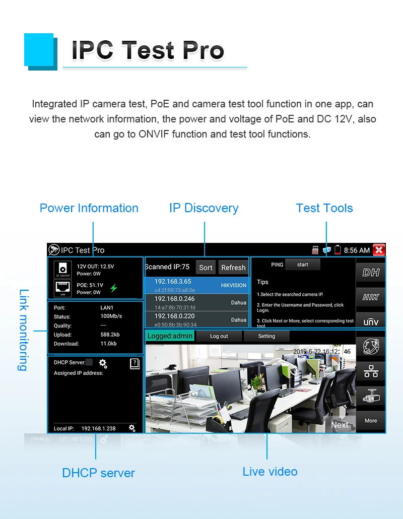 5.4" CCTV Tester Monitor Analog Camera Tester 8K IP Camera Tester IPC-5200C Plus PTZ VGA HDMI Input Cable Tracer PoE CCTV Tester