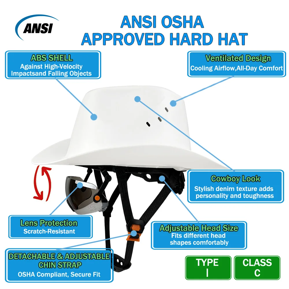 Cowboy Safety Helmet With Built-In Sunglasses HDPE Wide Full-Brim Anti-Collision Hard Hat With Vent Hole for Construction Work
