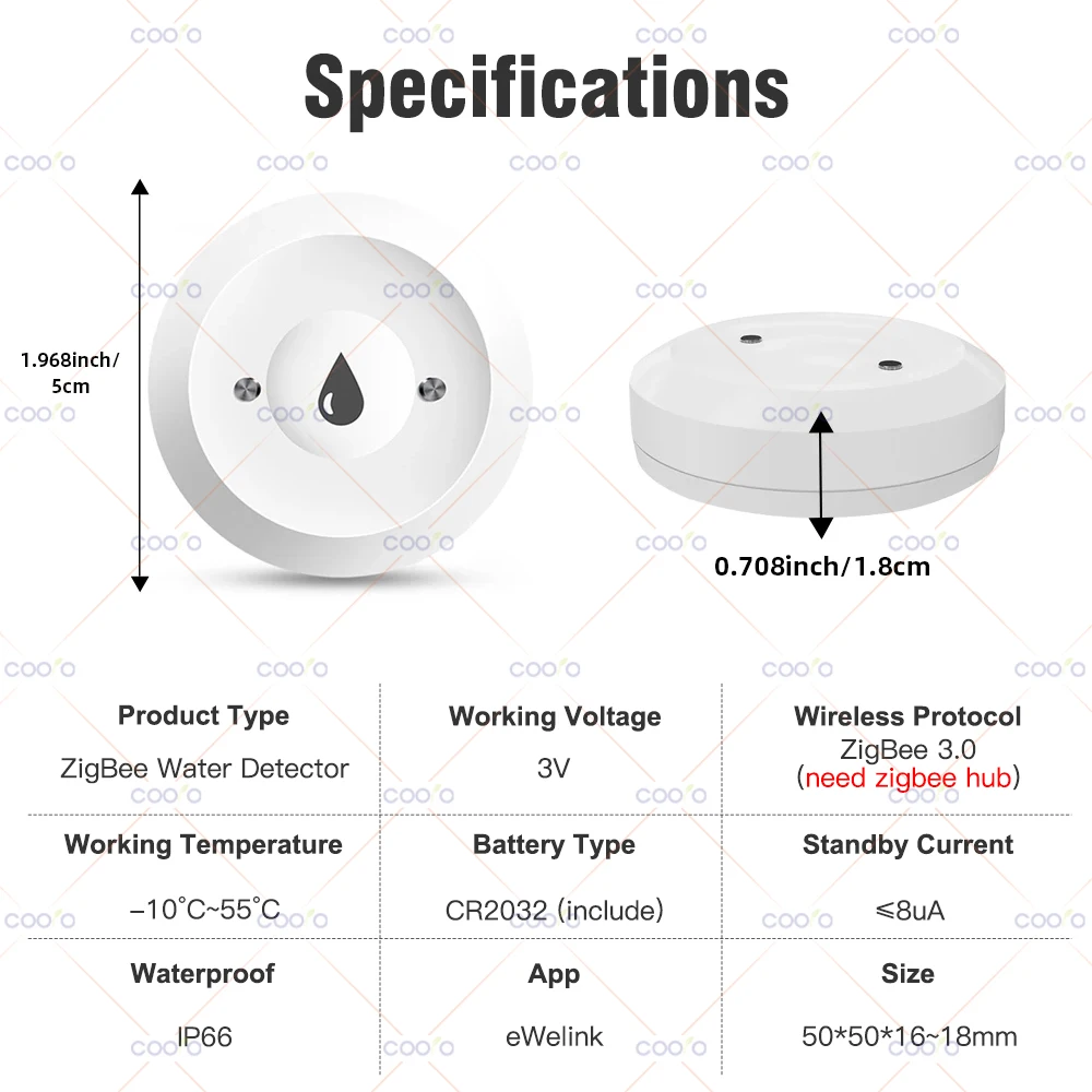 Ewelink Zigbee Smart Water Sensor Flood Leak Detector Remote Monitoring for Kitchen/Bathroom Support Home Assistant Zigbee2mqtt