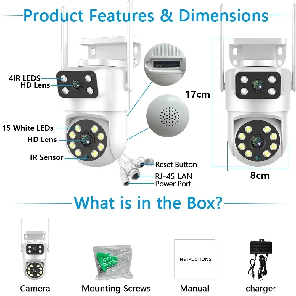 4K 8MP Tuya Dual Lens PTZ WIFI Camera Full HD Dual Screen Ai Human Auto Tracking Outdoor 4MP Security Video Surveillance Camera