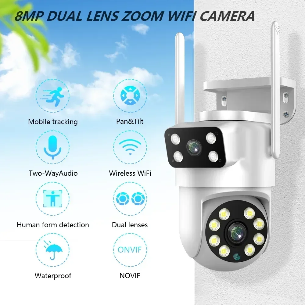 4K 8MP Tuya Dual Lens PTZ WIFI Camera Full HD Dual Screen Ai Human Auto Tracking Outdoor 4MP Security Video Surveillance Camera