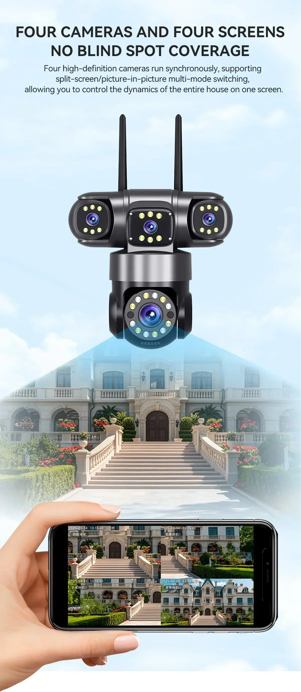 16X ZOOM WiFi Camera 20MP Four Lens Outdoor 6K 12MP IP66 Waterproof Night Vision Two-Way Intercom CCTV Video Surveillance