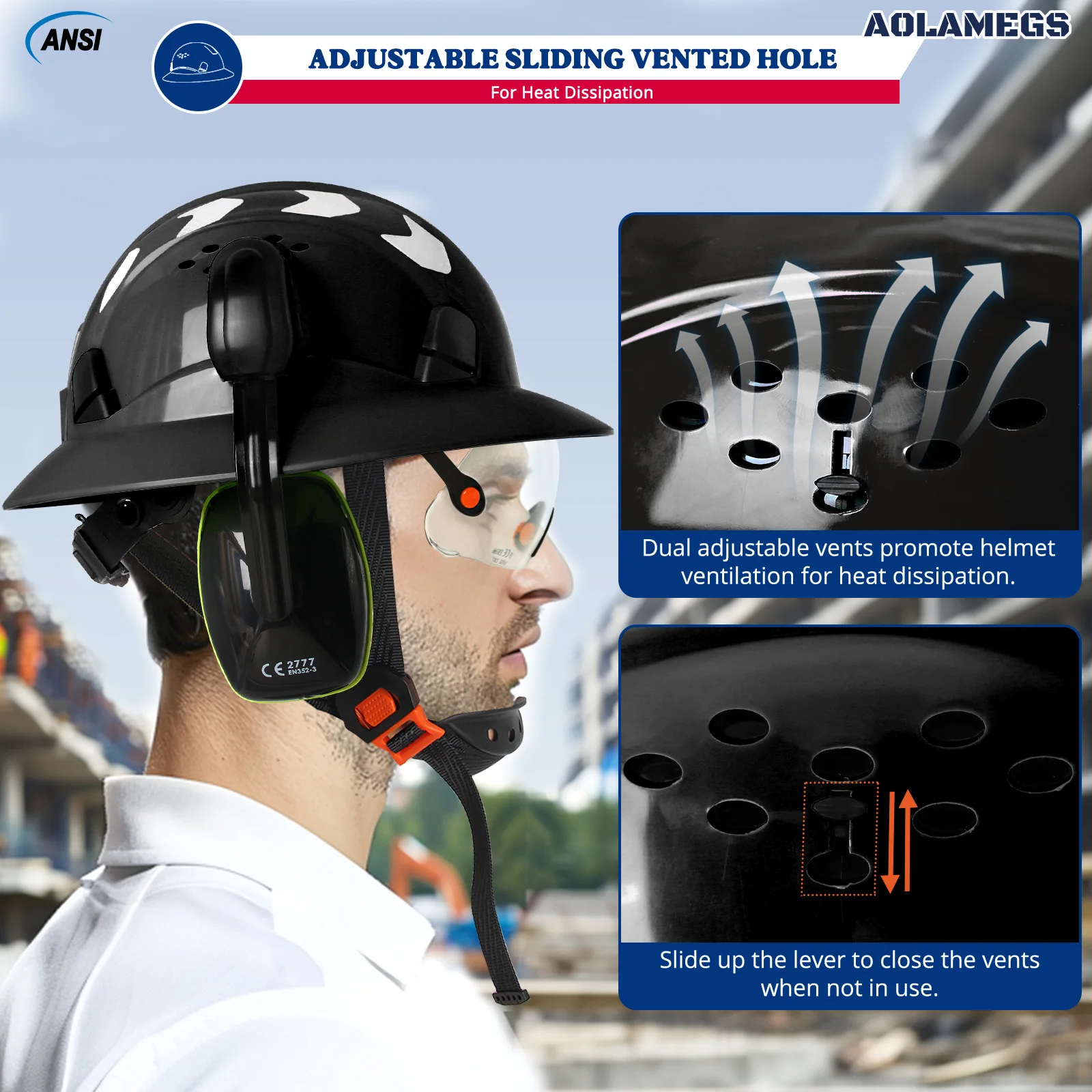 CE Full Brim Hard Hat W/ Built In Goggles Earmuffs Reflective Stickers ANSI Safety Helmets Construction Site Engineer Work Cap