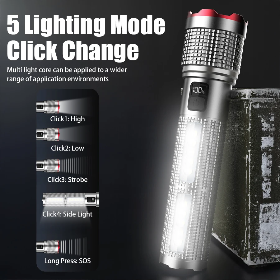 Rechargeable LED Flashlight Powerful Torch with Side Light Power Bank Zoom Emergency Lamp Outdoor Strong Light Camping Lantern