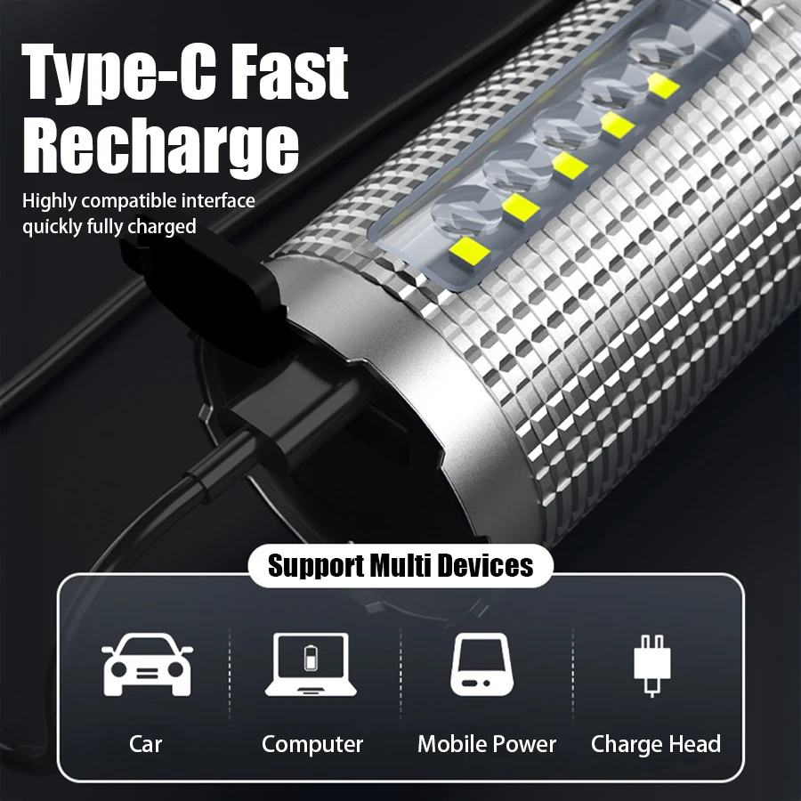 Rechargeable LED Flashlight Powerful Torch with Side Light Power Bank Zoom Emergency Lamp Outdoor Strong Light Camping Lantern