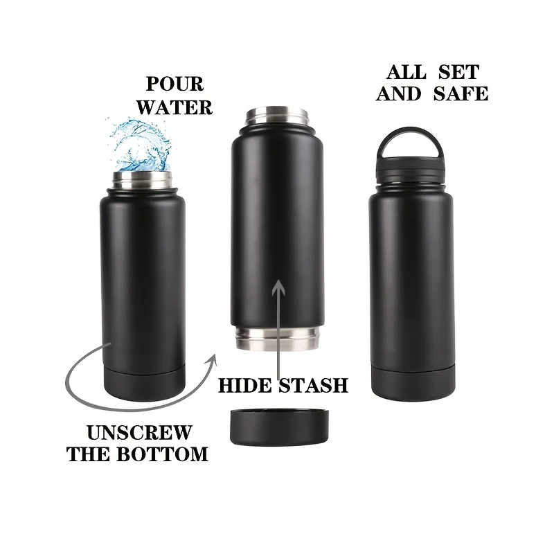 Diversion Safe Stainless Steel Water Bottle with Independent Safety Box at Bottom for Secure Storage