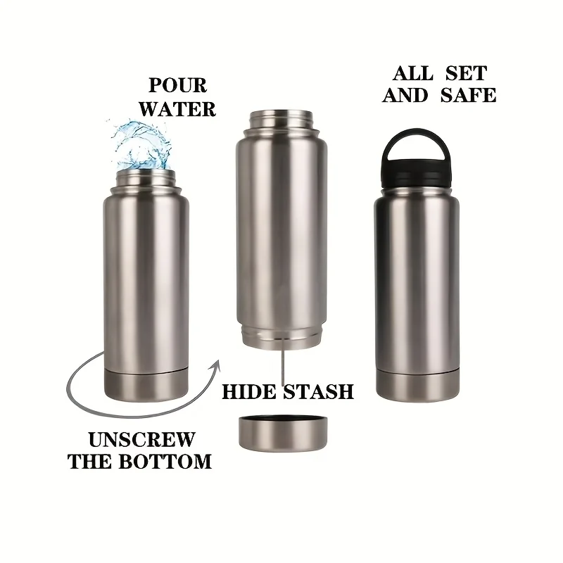 Diversion Safe Stainless Steel Water Bottle with Independent Safety Box at Bottom for Secure Storage