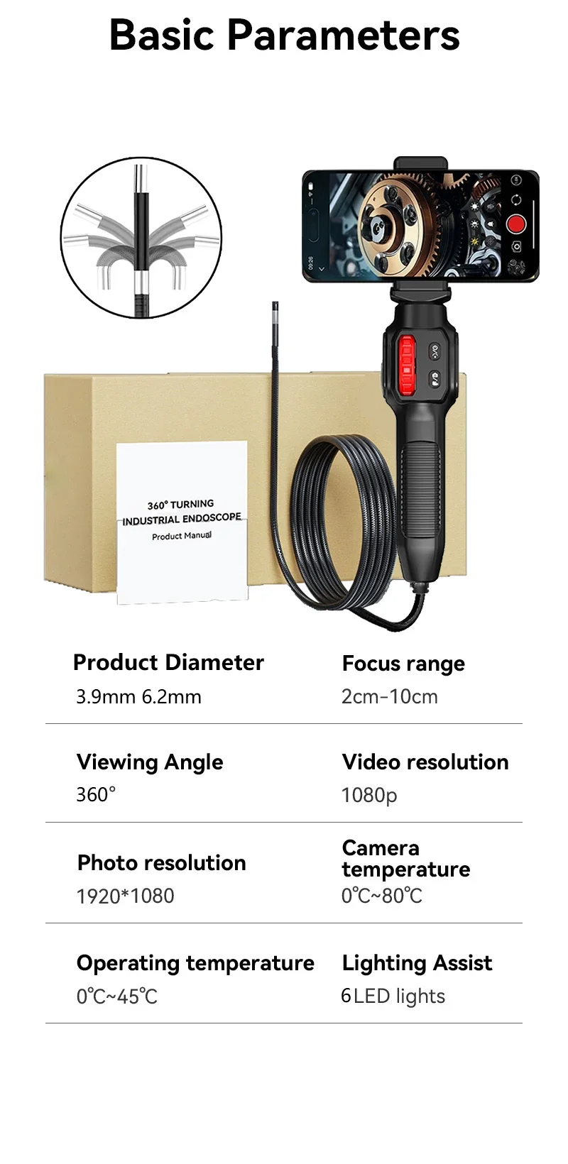 Articulated Boroscope Video Channel Endoscopic Inspection Endoscope Camera Head 3.9/6mm For Automotive Inspections With ISO Andr