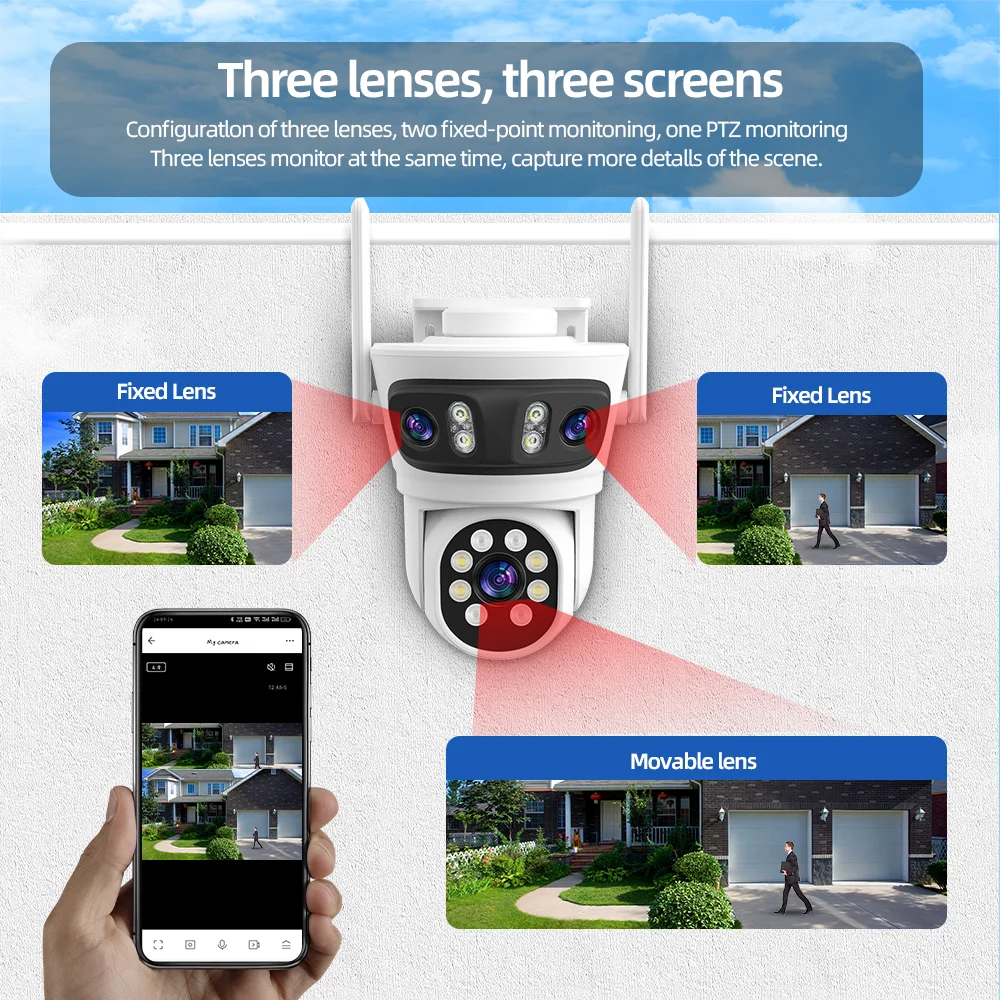 Triple 3 Lens Tuya SmartLife 2.4G WiFi 3MP WiFi Motion Tracking Night Vision Outdoor PTZ CCTV Siren Light Alarm Camera ONVIF
