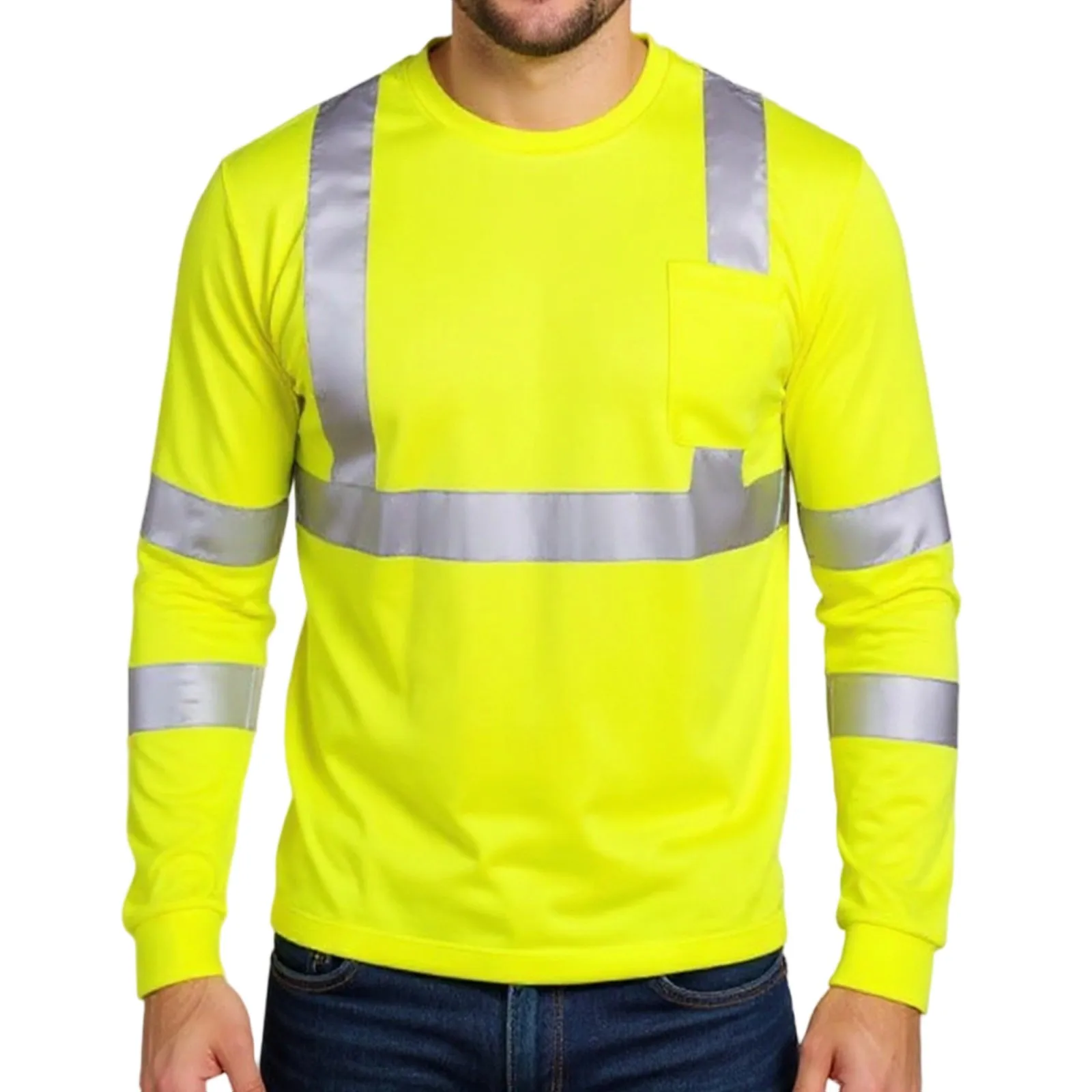 High Visibility Long Sleeve Round Neck T-shirt Reflective Workwear For Engineering Wharf Moisture Wicking Casual Men Top