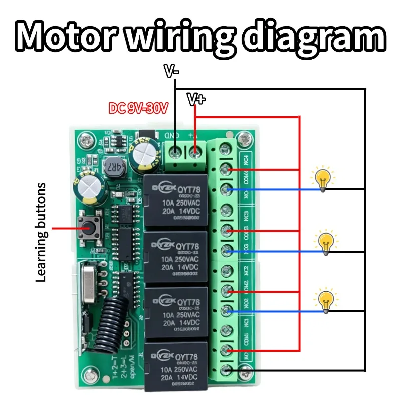 Wireless Remote Control DC 6V 12V 24V 30V 4CH RF Relay Receiver and 433MHZ Transmitter for Garage/Light/Motor/Home Appliance
