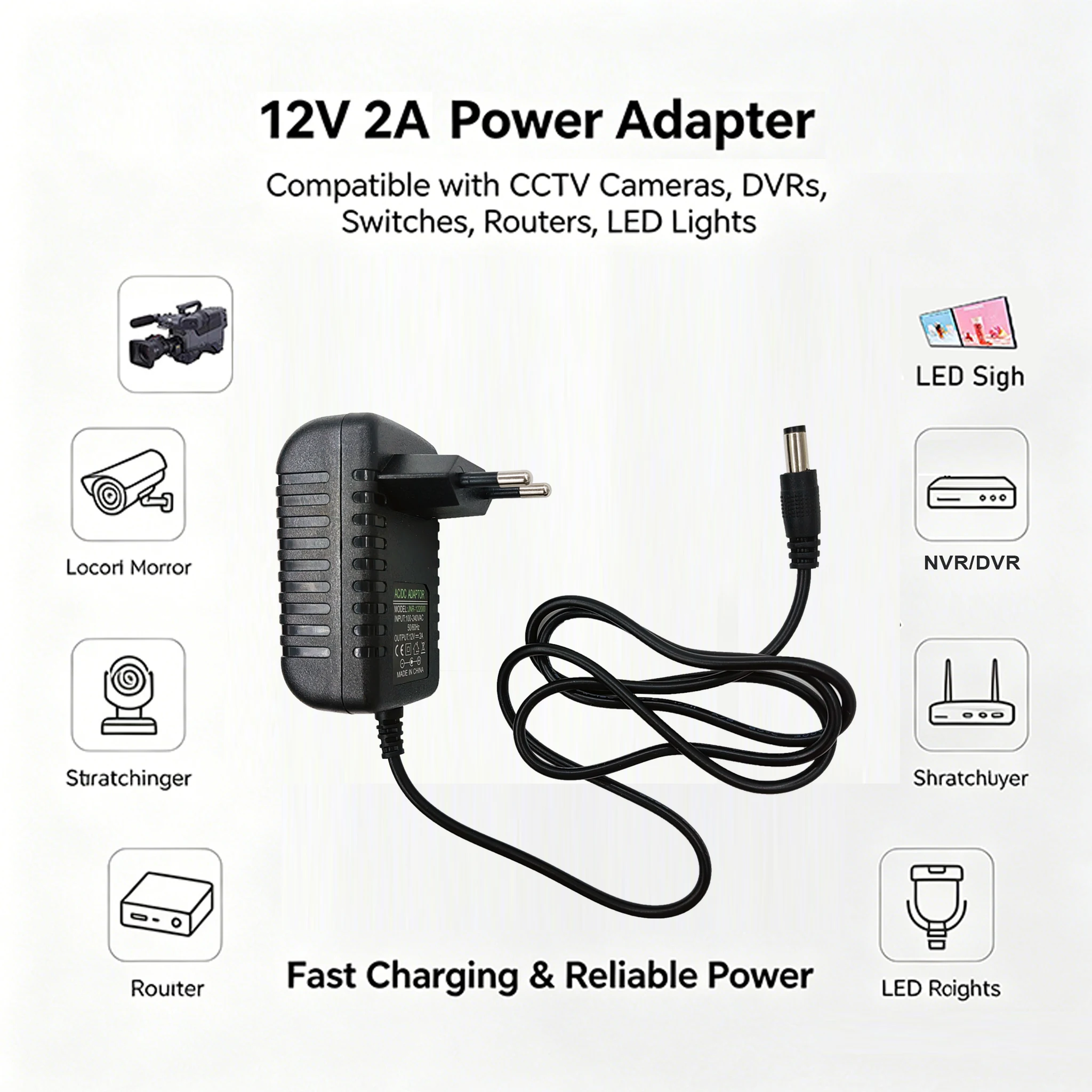 2pcs Power Adapter EU Plug AC 100-240V Input DC 12V 2A Output Supply Charger Universal Adapter for CCTV Camera DVR Router LED