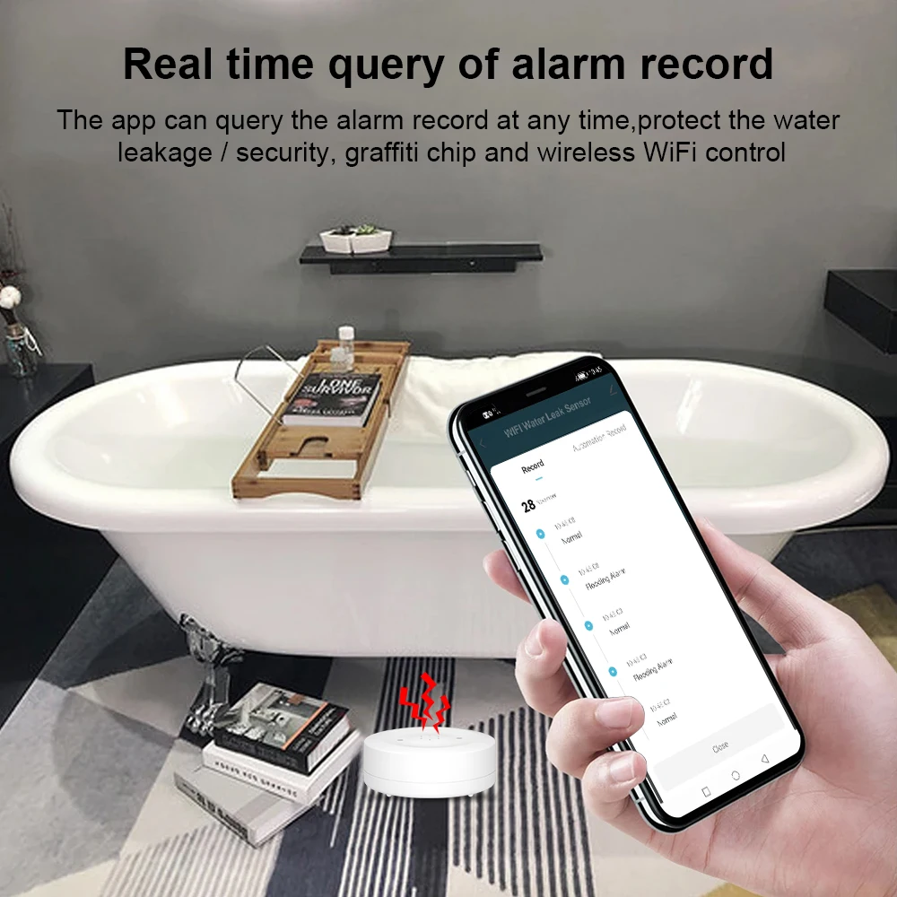 ONENUO WiFi IP55 Waterproof Water Leak Detector Tuya Water Flood Alarm Sensor with 80dB Sound Smart Life APP Remote Control
