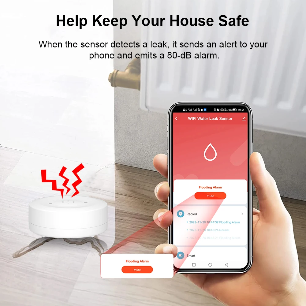 ONENUO WiFi IP55 Waterproof Water Leak Detector Tuya Water Flood Alarm Sensor with 80dB Sound Smart Life APP Remote Control