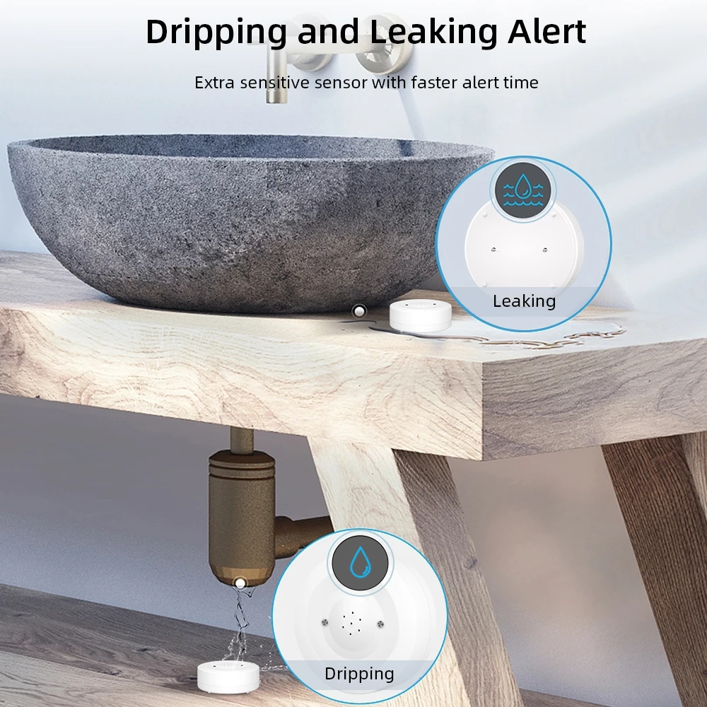 ONENUO WiFi IP55 Waterproof Water Leak Detector Tuya Water Flood Alarm Sensor with 80dB Sound Smart Life APP Remote Control