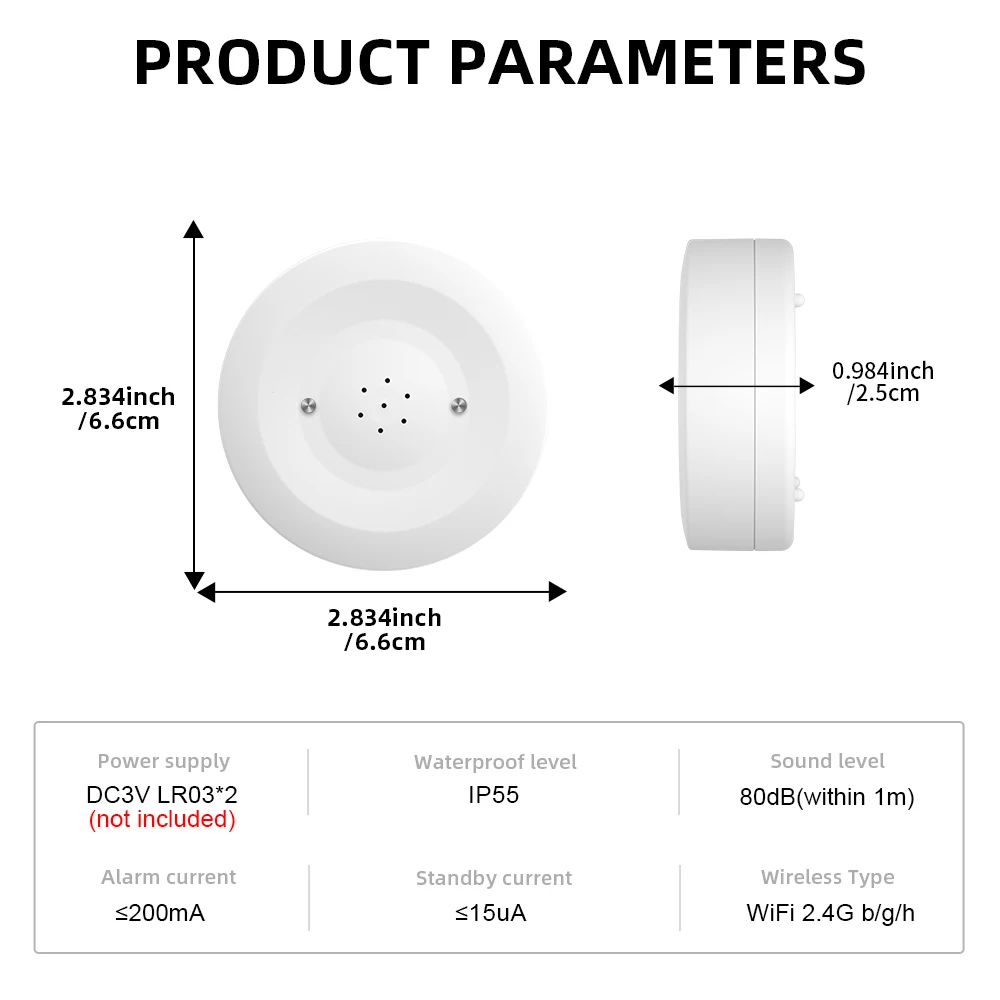 ONENUO WiFi IP55 Waterproof Water Leak Detector Tuya Water Flood Alarm Sensor with 80dB Sound Smart Life APP Remote Control