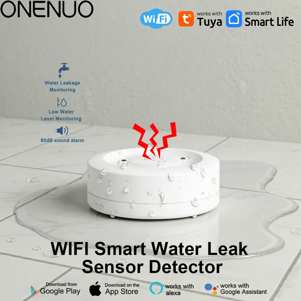 ONENUO WiFi IP55 Waterproof Water Leak Detector Tuya Water Flood Alarm Sensor with 80dB Sound Smart Life APP Remote Control