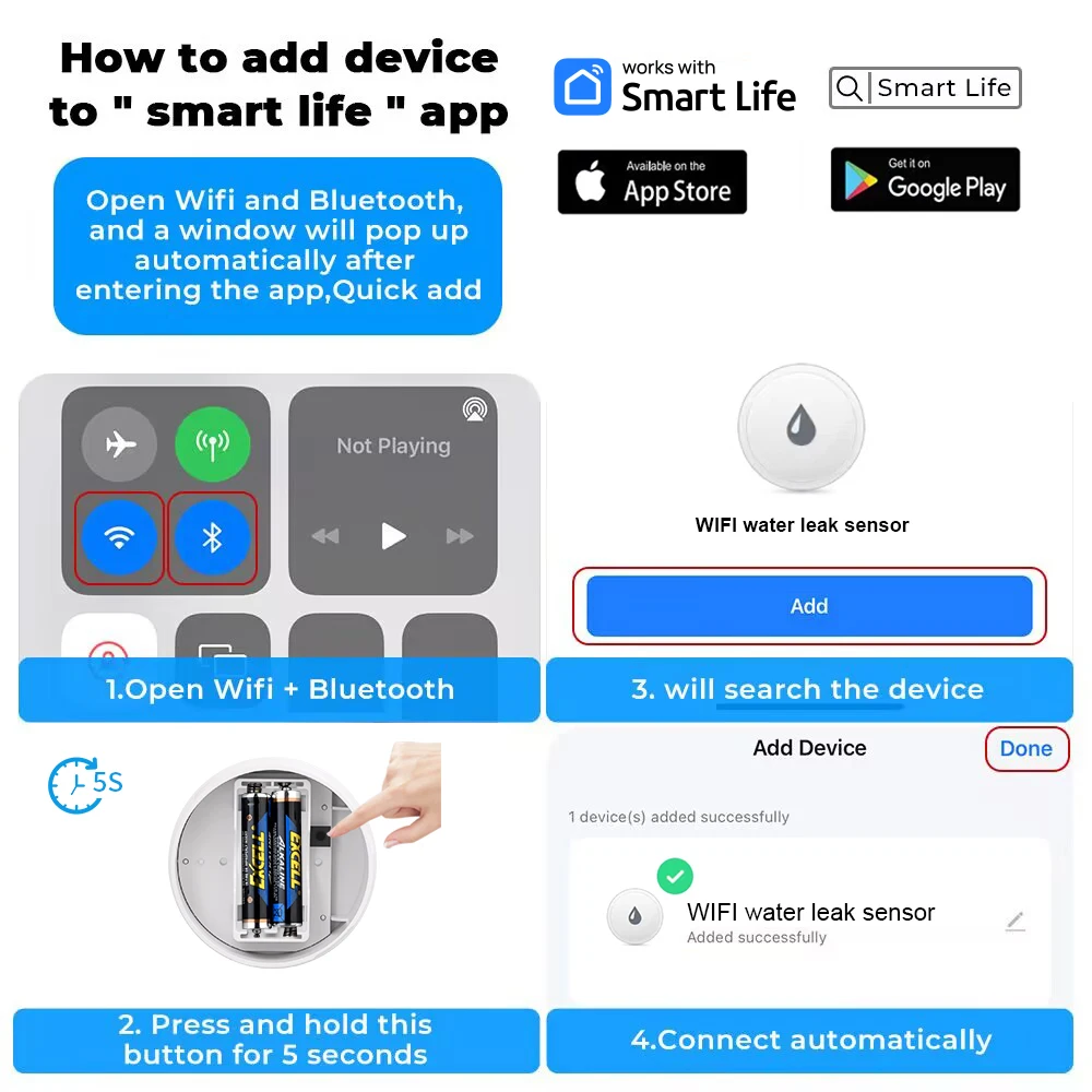 ONENUO WiFi IP55 Waterproof Water Leak Detector Tuya Water Flood Alarm Sensor with 80dB Sound Smart Life APP Remote Control