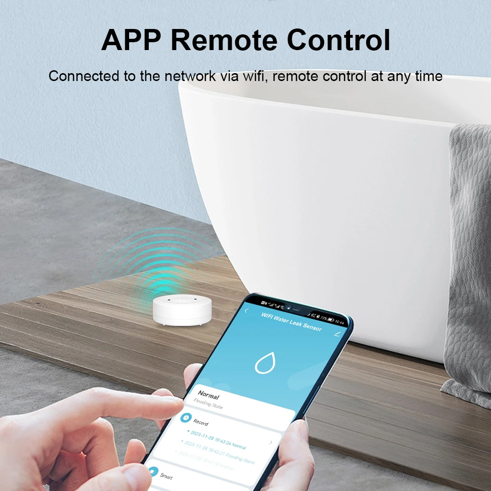 ONENUO WiFi IP55 Waterproof Water Leak Detector Tuya Water Flood Alarm Sensor with 80dB Sound Smart Life APP Remote Control