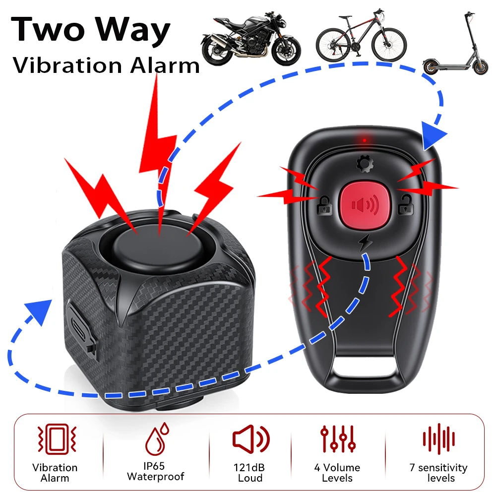 Awapow One/Two Way Vibration Alarm Wireless for Motorcycle Bicycle Bike Car Carbon Fiber Alarm Recharge 121dB Anti-theft Sensor