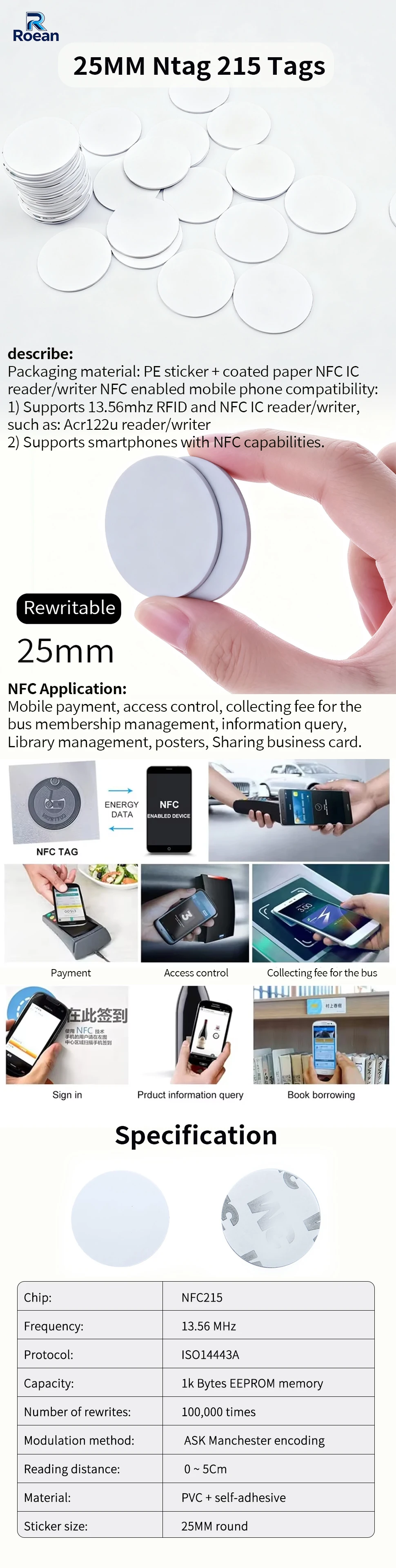 10/50pcs NTAG215 NFC Coin Tag Sticker 13.56MHz Round Rewritable NFC Tags 25mm Ultralight Universal Self-adhesive Label for NFC S